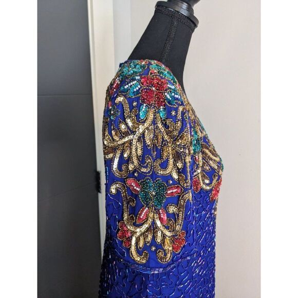 Vintage 80's Scala Royal Cobalt Blue Beaded Silk Cocktail Dress - PL - Picture 3 of 14